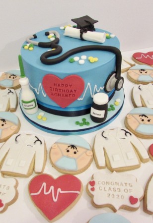 medical graduation cake and cookies